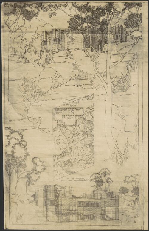 Perspective, Cross Section and detailed landscape plan for Lot 154 The Rampart, Castlecrag, [ New South Wales, 1] [picture] / Walter Burley Griffin