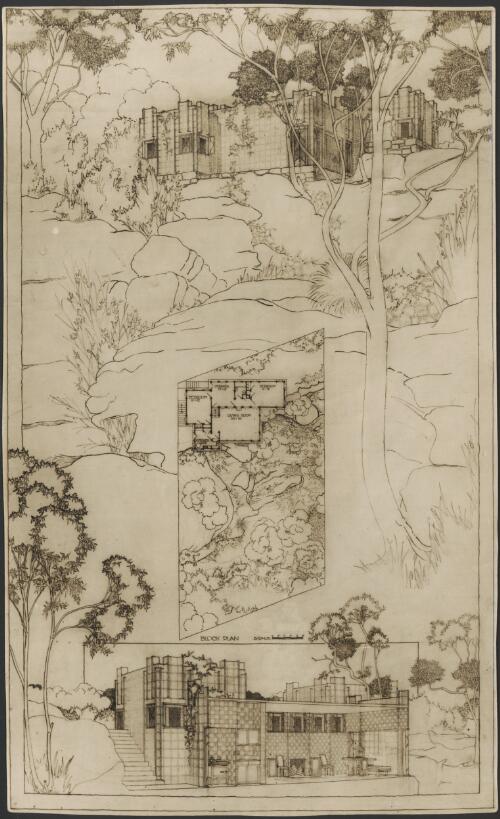 Perspective, Cross Section and detailed landscape plan for Lot 154 The Rampart, Castlecrag, [ New South Wales, 2] [picture] / Walter Burley Griffin