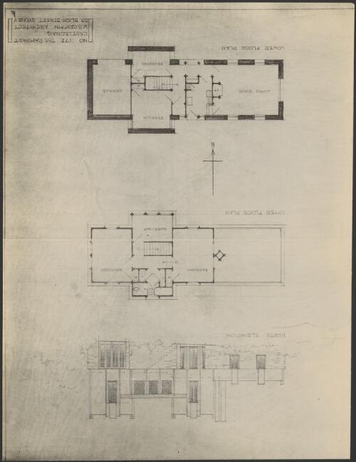 North elevation, upper and lower floor plans, possilbly the Peter Hong Nam residence, Lot 172, The Rampart, Castlecrag, New South Wales [picture] / Walter Burley Griffin