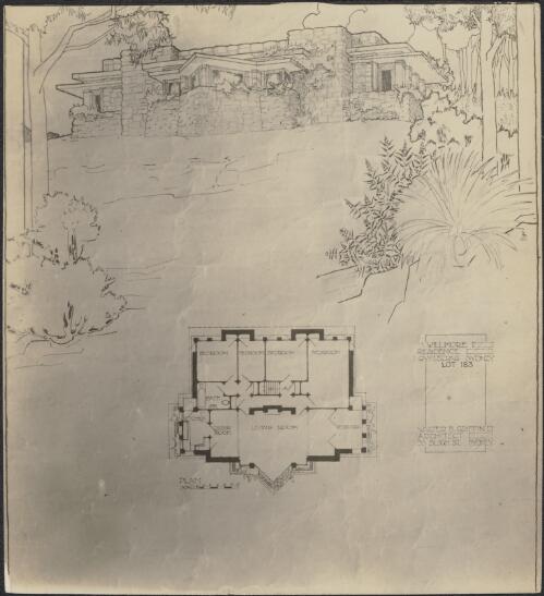 Perspective and floor plan of Willmore residence, Lot 183, [The Bastion], Castlecrag, New South Wales [picture] / Walter Burley Griffin