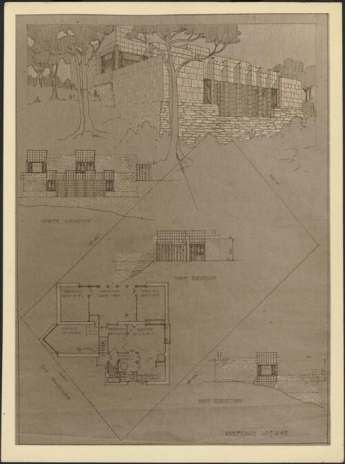 Plan, north, east and west elevations and perspective drawings, residence Lot 245, The Bulwark, [Castlecrag, Sydney, New South Wales] [picture] / Walter Burley Griffin