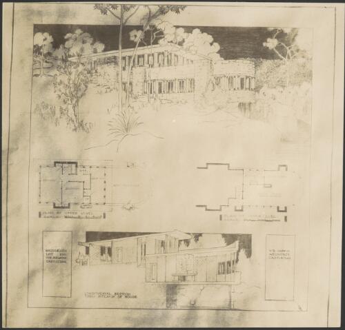 Perspective, plans and longitudinal section for Paton residence, Lot 290, The Bulwark, Castlecrag, New South Wales [picture] / Walter Burley Griffin