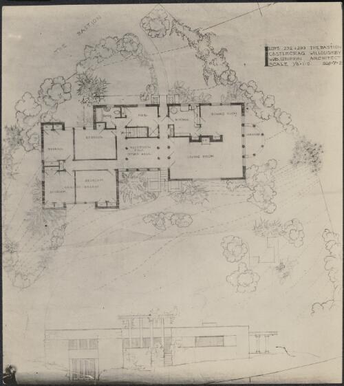 Plan, elevation and detailed landscape plan for Lots 292 & 293, The Bastion, Castlecrag, Willoughby, [Sydney, New South Wales] [picture] / Walter Burley Griffin