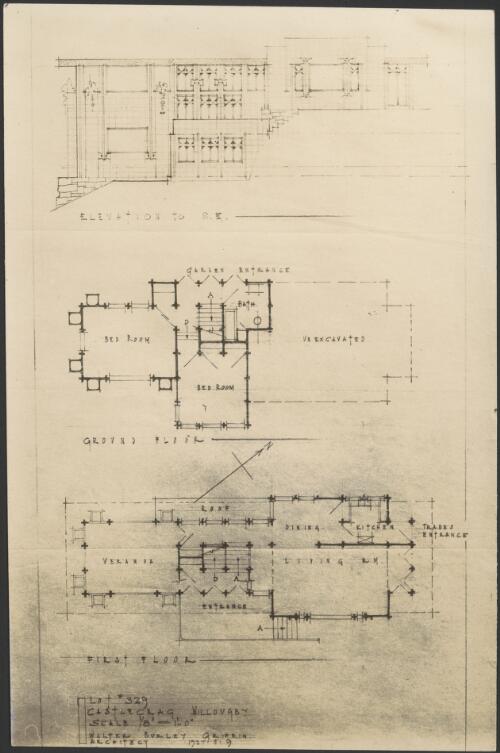 View from east and plan for dwelling, 325 The Citadel, Castlecrag, Willoughby, [Sydney, New South Wales] [picture] / Walter Burley Griffin