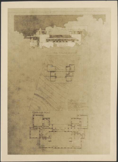 Elevation, site plan and floor plan for dwelling, Lot 342, Edinburgh Road, Castlecrag, Willoughby, Sydney, New South Wales [picture] / Walter Burley Griffin