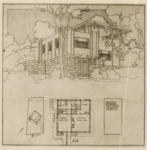 Exterior perspective, site plan and floor plan for Alfred Gamble residence, Lot 73, The Rampart, Castlecrag, Sydney, New South Wales, [1] [picture] / Walter Burley Griffin