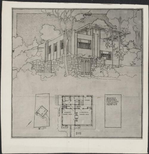 Exterior perspective, site plan and floor plan for Alfred Gamble residence, Lot 73, The Rampart, Castlecrag, Sydney, New South Wales,[2] [picture] / Walter Burley Griffin