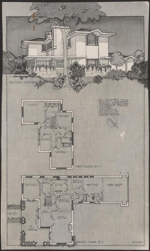 Perspective view and plan of station homestead, for G.A. Pratten Esq. Catherine Fields, Camden, [New South Wales], 1937 [picture] / Walter Burley Griffin and Eric Nicholls, Architects