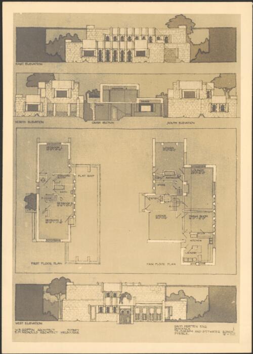 Plans, elevation and cross section of residence for David Pratten Esq. Telegraph and Pittwater Roads, Pymble, [New South Wales] [picture] / Walter Burley Griffin and Eric Nicholls, Architects