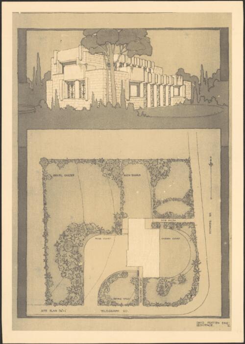 Site plan and perspective for residence, David Pratten Esq. Telegraph and Pittwater Roads, Pymble, [New South Wales] [picture] / Walter Burley Griffin and Eric Nicholls, Architects