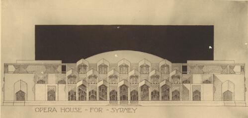 Front elevation of proposed Opera House for Sydney, ca. 1935, [1] [picture] / [Walter Burley Griffin]