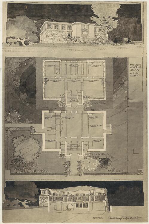 Exterior perspective, floor plan and section, for Stinson Memorial  Library, Anna, Illinois [picture]