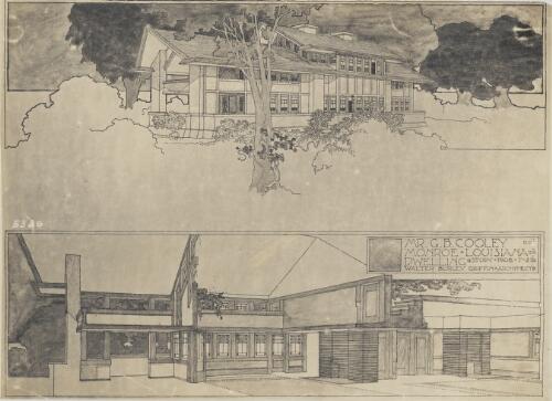 Exterior perspective view and cross section of Mr. G.B. Cooley dwelling at Monroe, Louisiana [picture] / Walter Burley Griffin