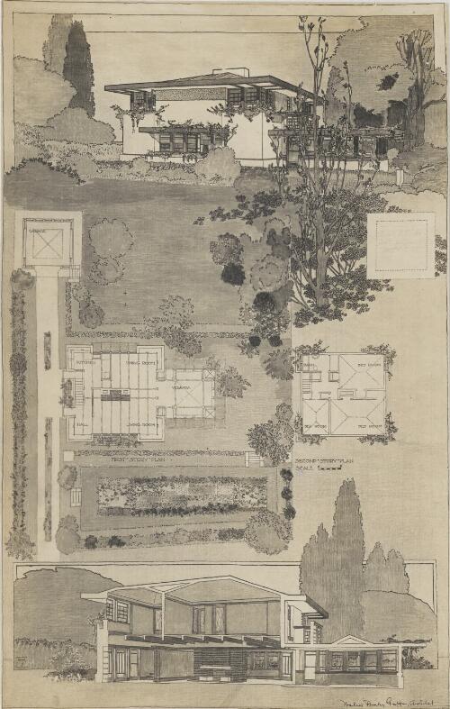 Plan and perspective of Harry Gunn House, Tracy, Chicago, Illinois [picture] / Walter Burley Griffin