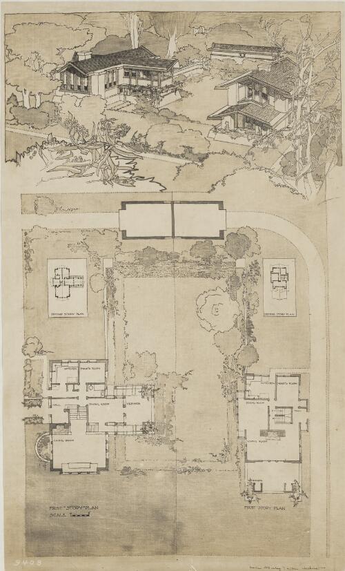 Plan and perspective of Comstock houses, Evanston, Illinois [picture] / Walter Burley Griffin