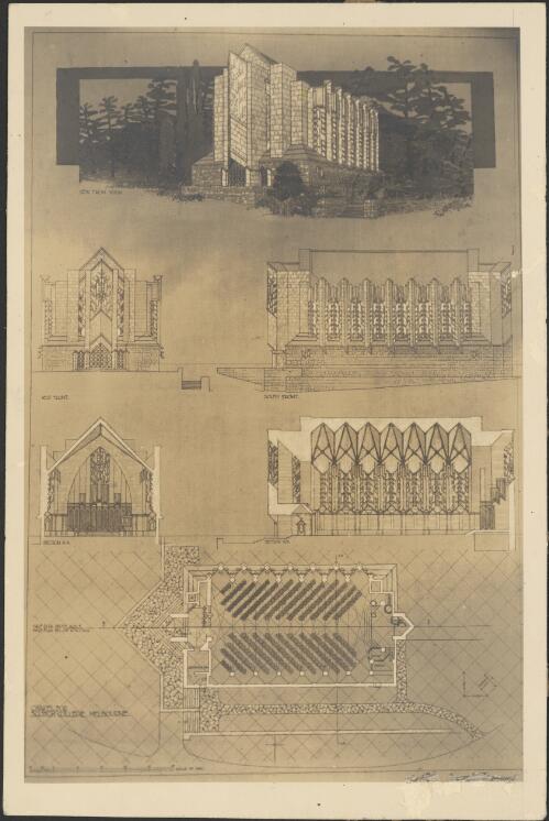 Perspective, plan and elevations of Griffin competition entry for Memorial Chapel at Scotch College, Hawthorn, Victoria, 1933 [1] [picture]