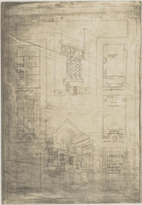 Plans and cross section for Liberty Hall, LaTrobe Parade, Melbourne, Victoria, [1] / [Walter Burley Griffin]