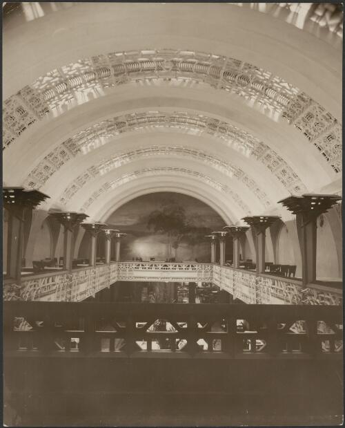 Interior view of Café Australia from the balcony towards mural,  [Melbourne, Victoria] [picture] / Walter Burley Griffin