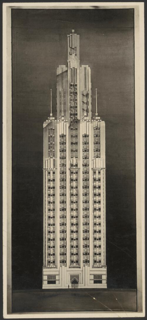 Exterior front elevation perspective of Chicago Tribune Tower, ca. 1921, [3] [picture] / Walter Burley Griffin