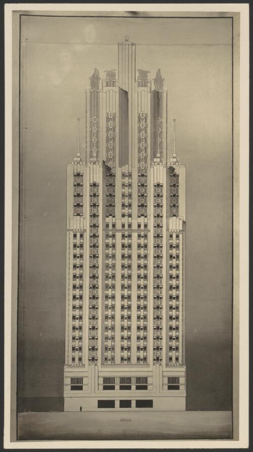 Exterior side elevation perspective of Chicago Tribune Tower, ca. 1921, [1] [picture] / Walter Burley Griffin
