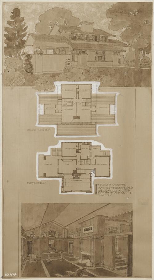 Elevation, floor plan and cross section of dwelling for dwelling for Ralph D. Griffin, Edwardsville, Illinois, [1] [picture] / Walter Burley Griffin