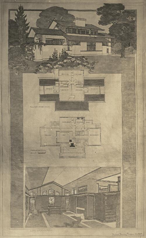 Elevation, floor plan and cross section of dwelling for dwelling for Ralph D. Griffin, Edwardsville, Illinois, [2] [picture] / Walter Burley Griffin