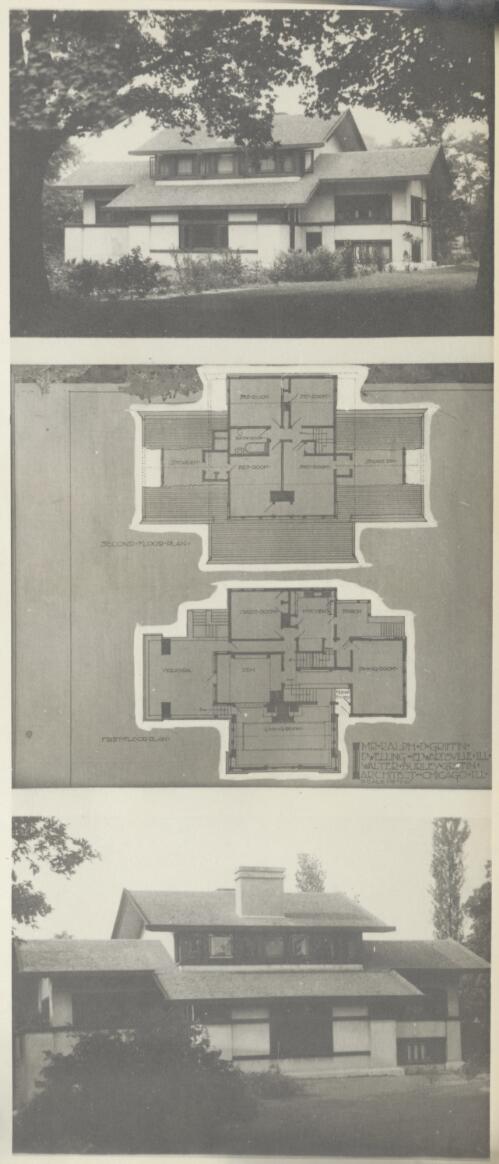 Exterior views and floor plan for Ralph Griffin house, Edwardsville, Illinois [picture] / Walter Burley Griffin