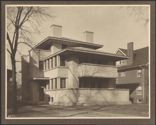 Exterior view of Bovee apartment duplex, Evanston, Illinois, [1] [picture] / Walter Burley Griffin
