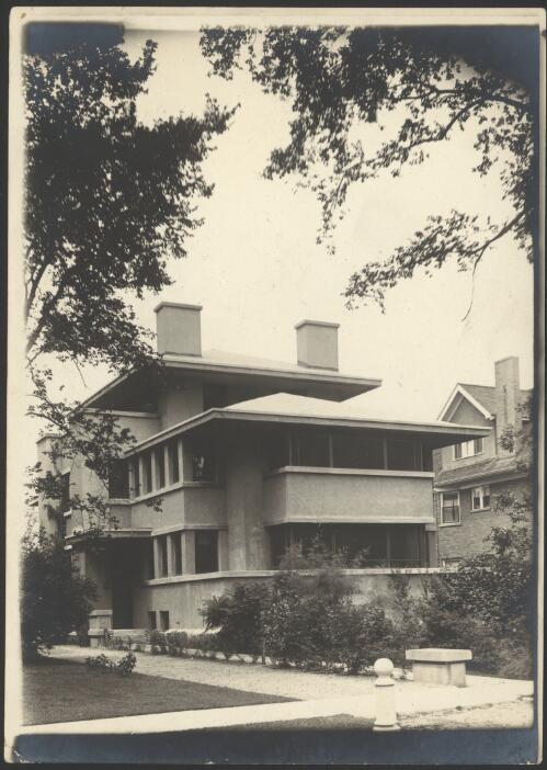 Exterior view of Bovee apartment duplex, Evanston, Illinois, [2] [picture] / Walter Burley Griffin