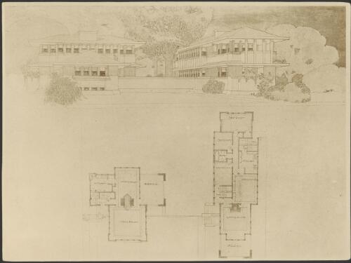 Perspective view and floor plans of the Itte paired houses, Chicago, Illinois, 1908, [1] [picture] / Walter Burley Griffin
