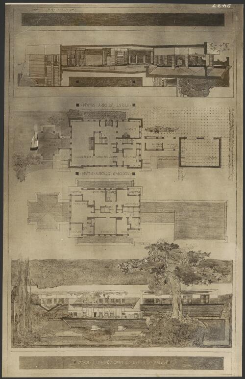 Perspective view floor plans and cross section of dwelling for Mr B.J. Ricker, Grinnell, Iowa, [2] [picture] / Walter Burley Griffin