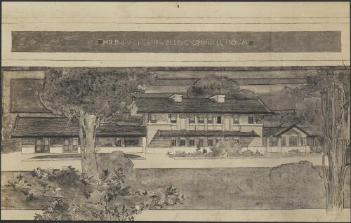 Perspective view of Mr B.J. Ricker, dwelling, Grinnell, Iowa [picture] / Walter Burley Griffin