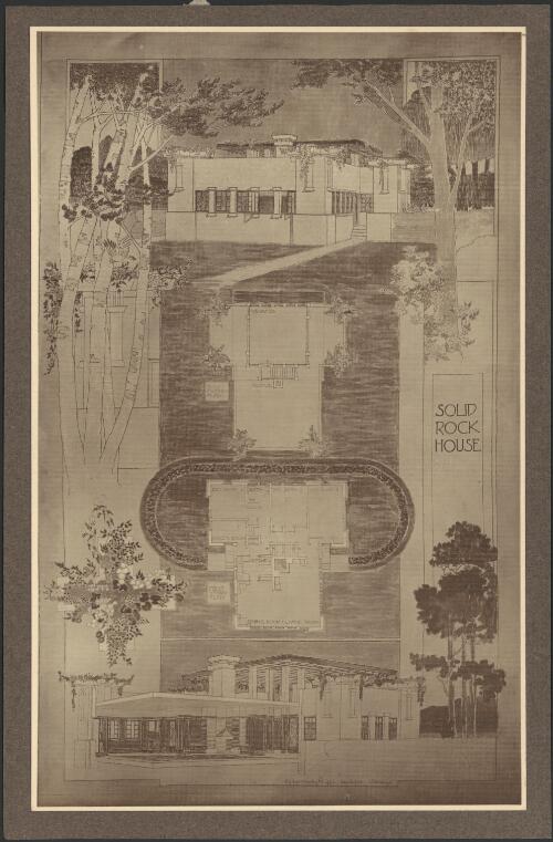 Perspective view and floor plan of solid rock house for E.L. Springer, Kenilworth, Illinois, [1] [picture] / Walter Burley Griffin