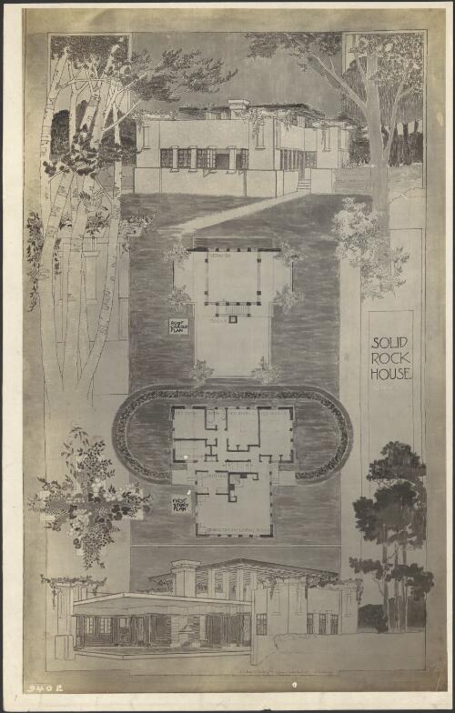 Perspective view and floor plan of solid rock house for E.L. Springer, Kenilworth, Illinois, [2] [picture] / Walter Burley Griffin