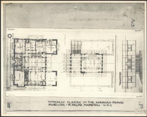 [Exterior perspective view and floor plan] typically classic in the American period dwelling, F.Palma Marshall, [1] [picture] / Walter Burley Griffin