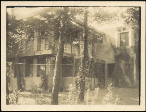 Exterior perspective view of dwelling for Mr H.M. Mess dwelling, Winnetka, Illinois, [6] [picture] / Walter Burley Griffin