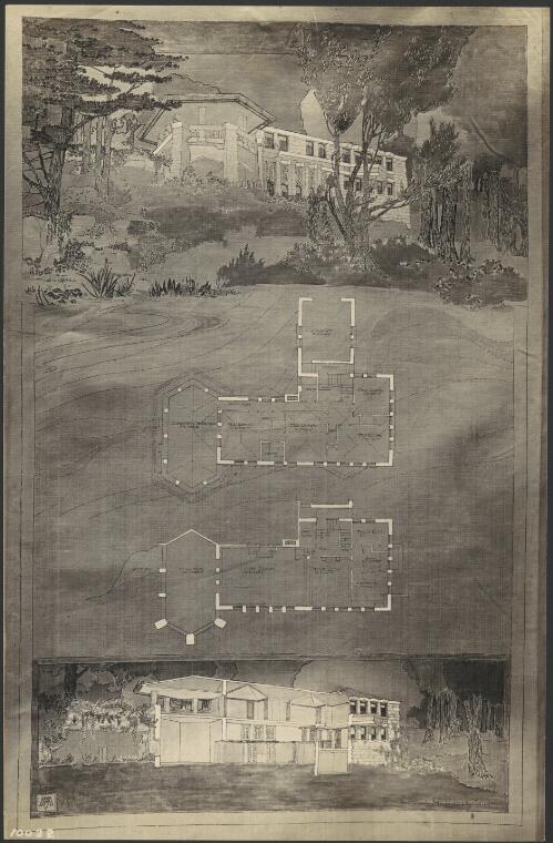 Perspective view , floor plan and cross section of Holahan residence, Rock Glen, Mason City, Iowa, [1] [picture] / Marion Mahony Griffin