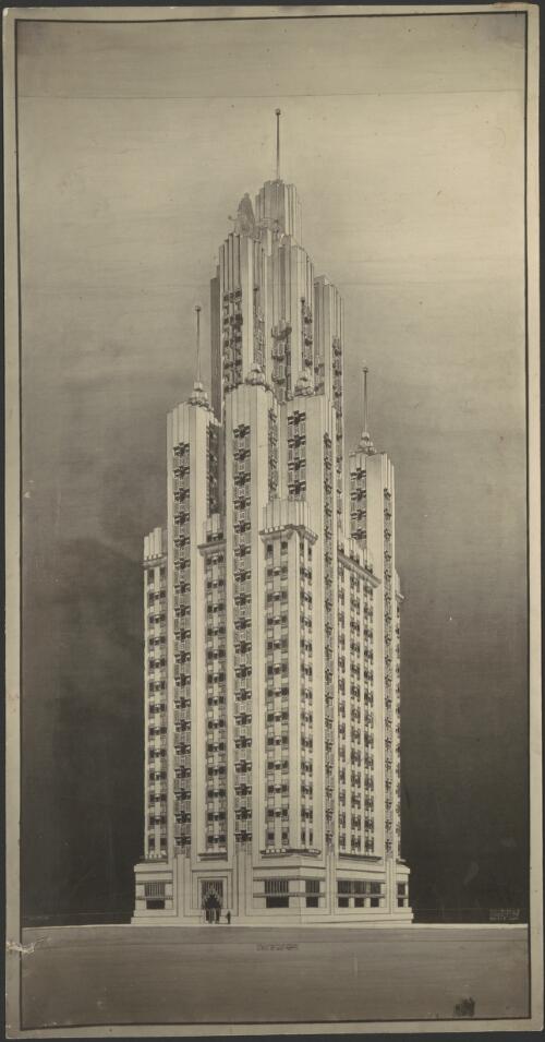 Perspective from WSW at 480 feet, [Chicago Tribune Tower] [picture] / Walter Burley Griffin