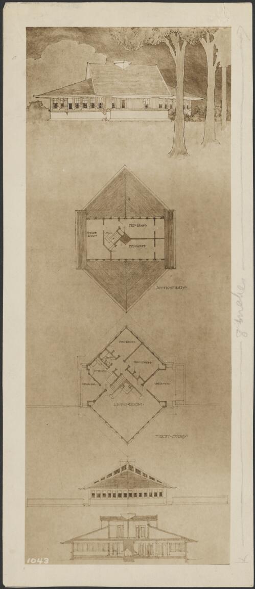 Perspective view, floor plan and cross section of bungalow William F. Tempel, Kenilworth, Illinois [picture] / Walter Burley Griffin