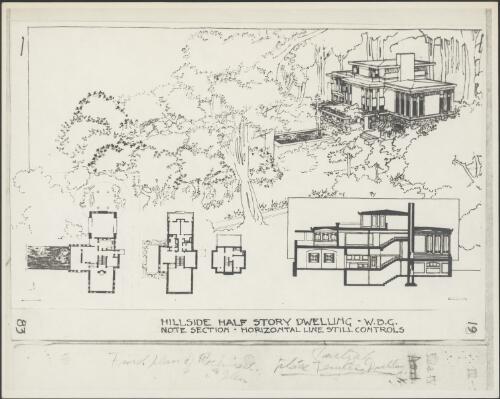 Perspective view of hillside half storey dwelling [picture] / Walter Burley Griffin
