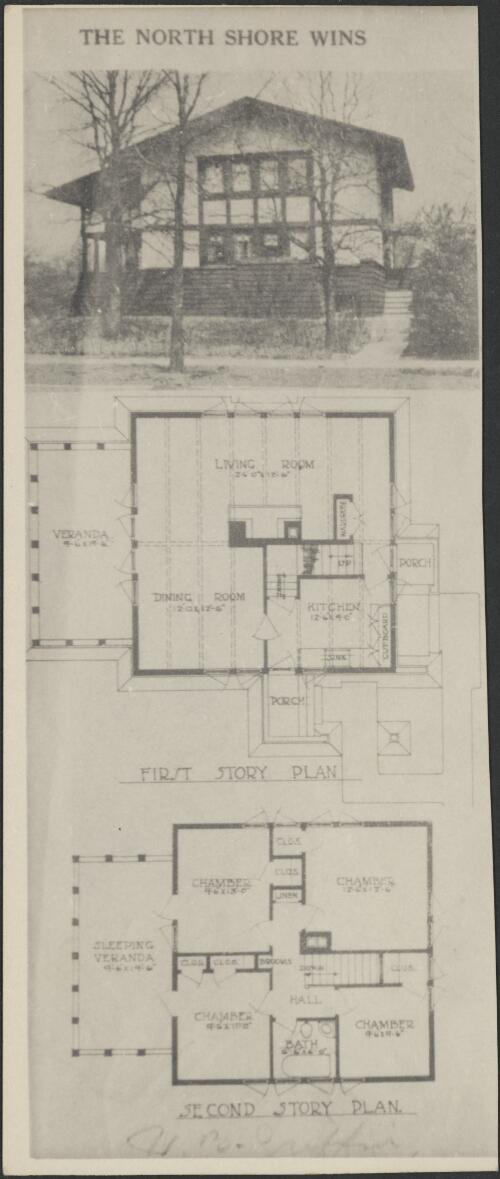 Perspective view and floor plan of Frank A. Windes House, Kenilworth, Illinois [picture] / Walter Burley Griffin