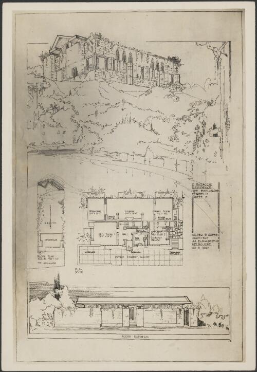 Perspective view, floor plan, siting and north elevation of G. Baracchi residence, The Esplanade, Fairfield, Victoria [picture] / Walter Burley Griffin