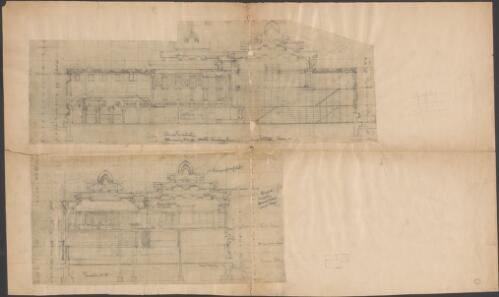 Cross section through porch, hall, reading room and stack room, [Lucknow University Library] [picture] / [Walter Burley Griffin]