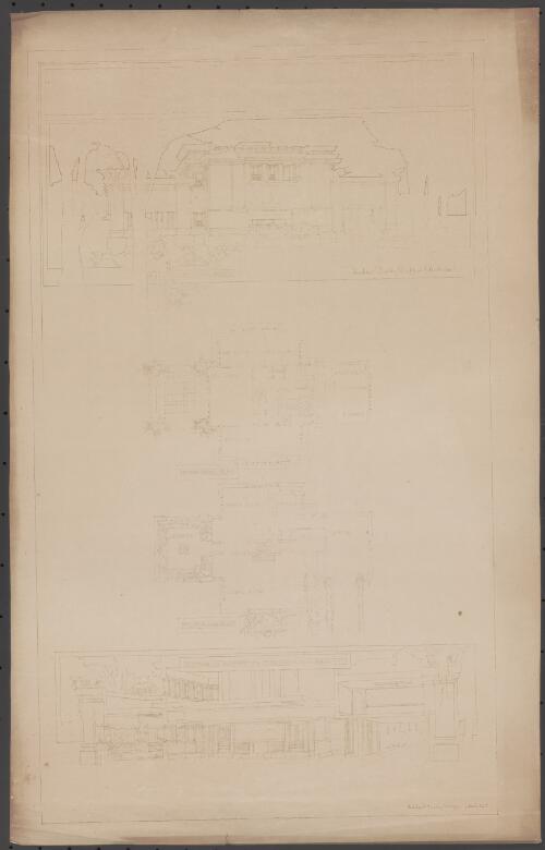 Exterior view from south, second floor plan, first story plan and section in perspective through living room for dwelling for J.B. Blythe, Mason City, Iowa [picture] / Walter Burley Griffin