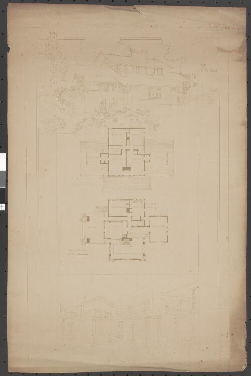 Exterior elevation, second floor plan, first story plan and living room interior section for dwelling for Ralph D. Griffin, Edwardsville, Illinois [picture] / Walter Burley Griffin
