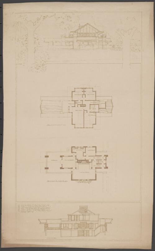 Exterior elevation, second floor plan, and section for dwelling for Mr & Mrs F.B. Carter Jr., Evanston, Illinois. [picture] / Walter Burley Griffin