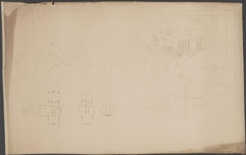 Front elevation, cross section, and floor plans of unidentified dwelling [picture] / [Walter Burley Griffin]