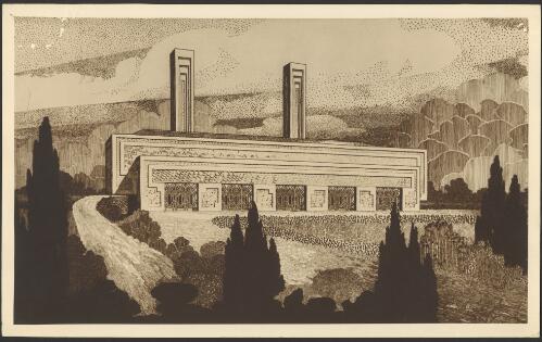 [Perspective view of the second design for Moore Park Incinerator, Sydney] [picture] / [Walter Burley Griffin]
