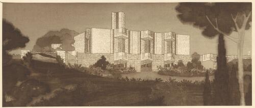 Perspective view of unidentified incinerator, [1] [picture] / [Walter Burley Griffin]