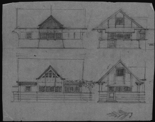 Elevations and plan of prairie-esque house, [3] [picture] / [Walter Burley Griffin]